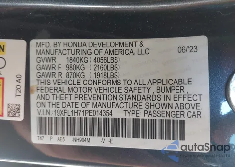 2023 Honda Civic Ex-L /Ex-L W/O Bsi из США, поврежденный, VIN 19XFL1H71PE014354